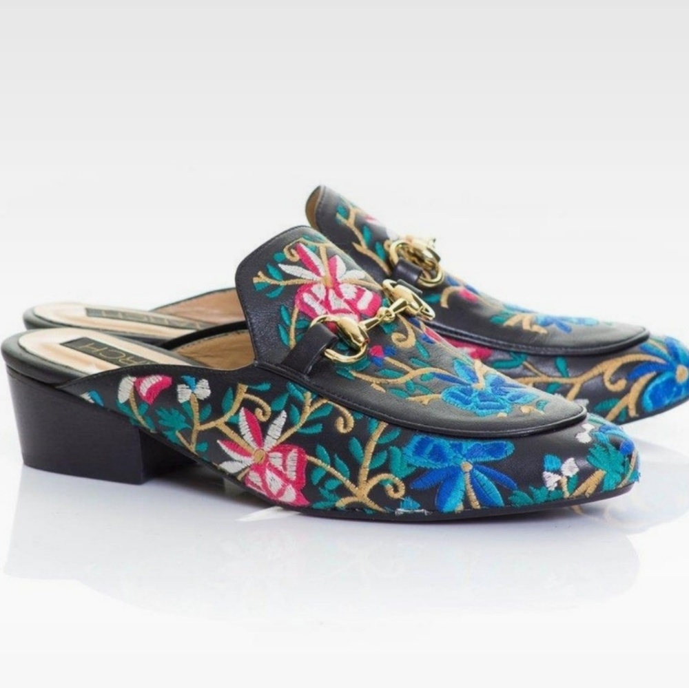 Leather Colombian Tache Embroidered Floral Mules